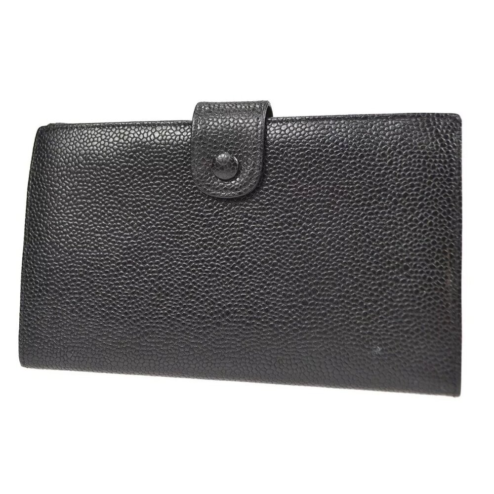 Chanel Long Bifold Wallet Purse Black Calfskin